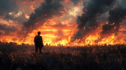 Fototapeta premium Silhouetted figure watching a dramatic sunset over a fiery landscape.