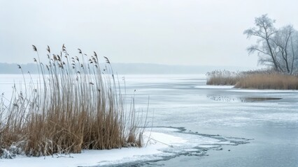 Winter Lake Serenity - Frozen lake, reeds, snow, winter trees, tranquility.  Peaceful winter landscape evokes calm, solitude, and the beauty of nature's stillness.