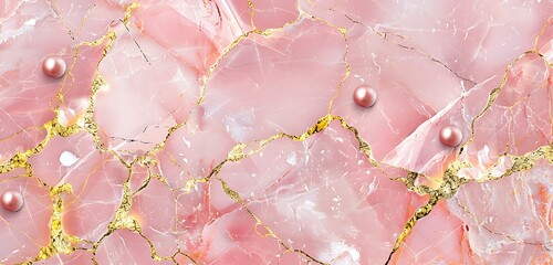Pink marble with bold golden cracks and embedded pearls. Luxurious and vibrant.