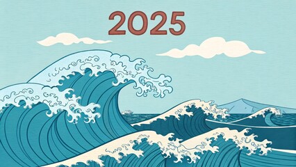 Naklejka premium Surfing Waves of 2025 - Ocean waves crashing, symbolizing change, power, nature, the future, and new beginnings in 2025. A calming light blue background.