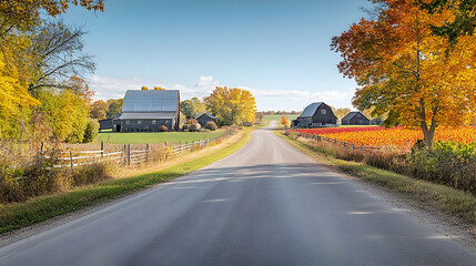 Serene country road in Madison Wisconsin with barns, farmland, and autumn foliage