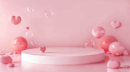 Light round platform surrounded by soft pink hearts and bubbles on a pastel pink background creates a playful and romantic atmosphere, perfect for Valentine's Day performances