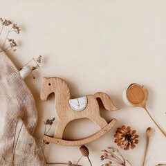 Neutral Baby Essentials Flatlay, horse shaped toy