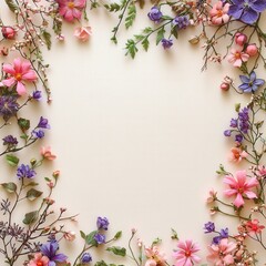 Floral frame with pink and purple flowers on a cream background