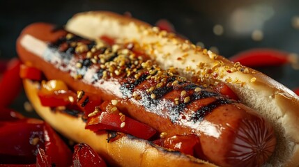 Grilled Hot Dog with Peppers and Onions in Natural Light