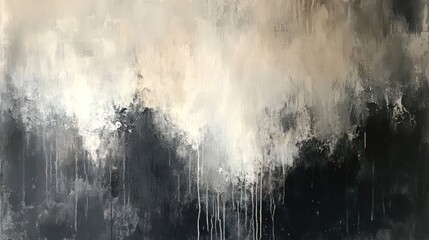 Abstract artwork featuring a blend of black, white, and gray with dripping textures.