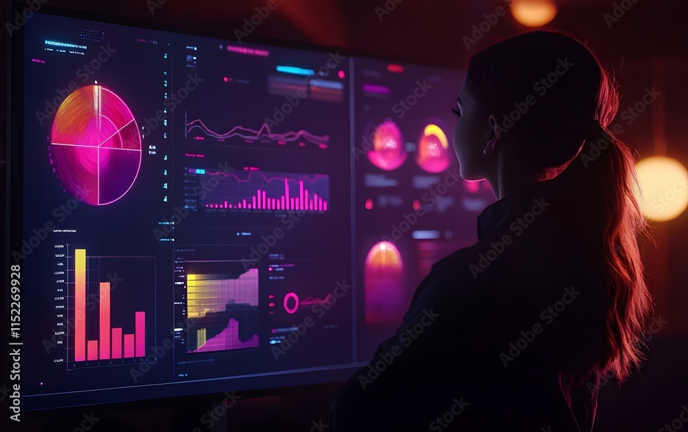 Poster a focused individual interacts with a high-tech display showcasing vibrant graphs and data visualiza