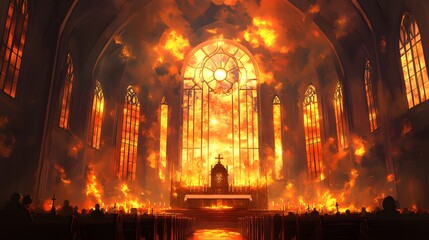 Fototapeta premium Dramatic interior of a church engulfed in flames, showcasing an intense atmosphere.