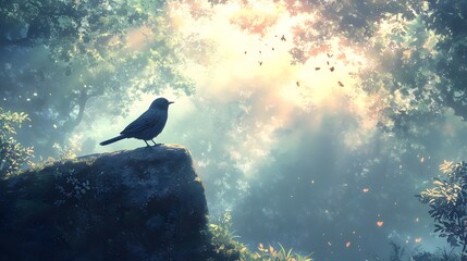 A serene bird on a rock against a dreamy forest backdrop.