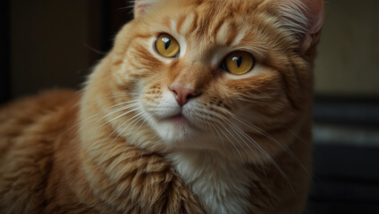 A close-up of a ginger cat with bright yellow eyes.