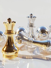 Golden king and silver lying pawns. Game and challenge concept. 3d rendering