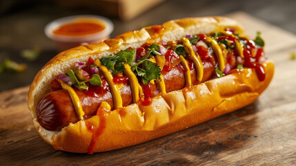 Hotdog With Mustard And Ketchup, Soft Bun And Juicy Sausage On Wooden Surface, Food Photography