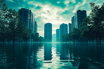 Obraz premium A city in the middle of a flooded area with tall buildings in the background