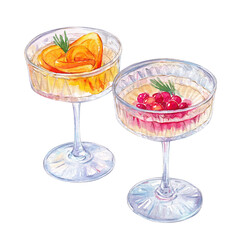 Watercolor illustration of two glasses of sparkling wine decorated with fruits and berries