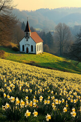A field of daffodils in front of a small church in the middle of a field