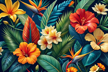 Vibrant Tropical Floral Design with Hibiscus and Bird-of-Paradise on Deep Navy or Emerald Background