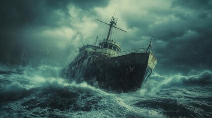 Obraz premium Old Ship Battling a Furious Ocean Storm