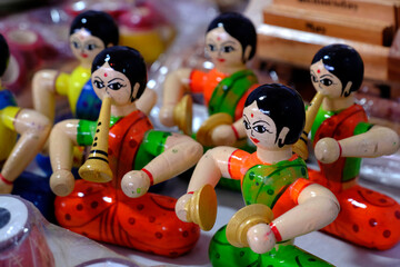 Traditional handmade Colorful toys made from wood, wooden toys, family, selective focus.