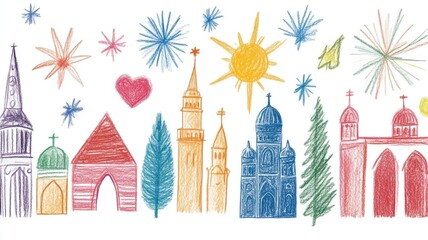 Fototapeta premium Colorful crayon skyline with churches, stars, and trees