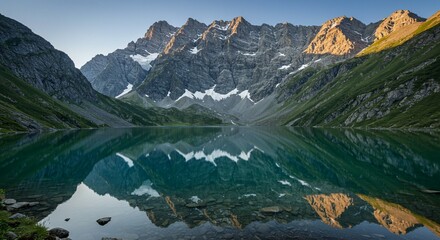 Wall art of Green and Tranquil Mountain Sunrise with Mist Rolling Over Pine Forests