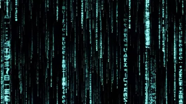 Blue matrix coding animation with glowing light data from top to bottom. Flow of digital data in a datacenter. Code information tech with motion graphics. Communications Network, Security & Cyberspace