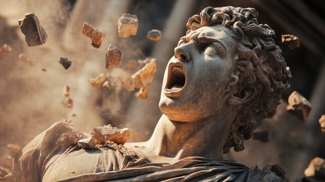 Dramatic Greek statue of Artemis screaming as stone fragments explode in high definition