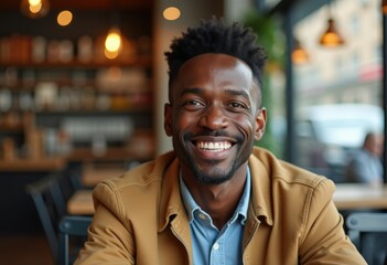 Fototapeta premium A smiling Black man sits in a cafe wearing a brown jacket and blue shirt.