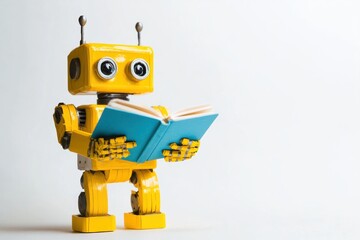 Friendly Robot Character Holding Open Book in Bright Light Against a Blank White Background, Perfect for Educational and Technology Themes