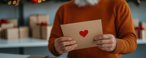A person holds a card with a heart symbol, surrounded by holiday decorations and presents.