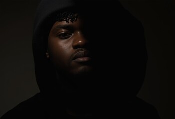 Young man in black hoodie stares intensely at camera.