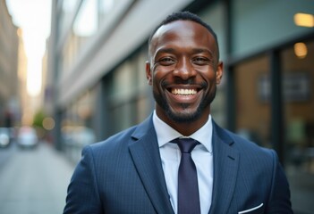 Fototapeta premium A smiling African American man in a suit stands in a city setting.