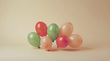 Multicolored balloons, including green and red, arranged in a lively arc against a plain pastel background.