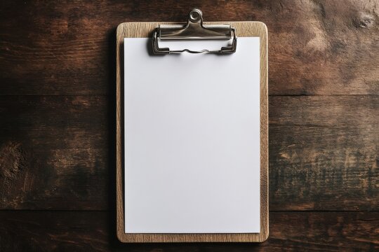 Blank paper on a clipboard sitting on a wood table - Powered by Adobe