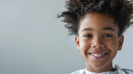 Happy African-American child sitting in a barber’s chair, smiling during haircut on studio background. Childhood, grooming joy concept. Fun, carefree family-friendly atmosphere. Copy paste
