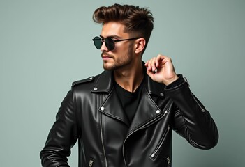Obraz premium Stylish man in leather jacket and sunglasses.