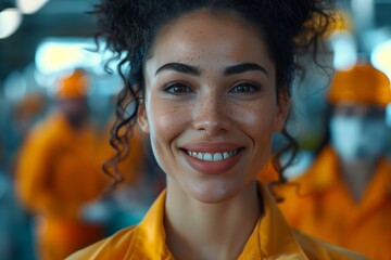 Fototapeta premium A cheerful woman in a work uniform smiles confidently in a vibrant industrial setting.