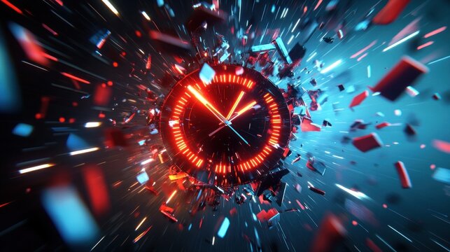 Exploding clock with red and blue energy bursts, signifying time's rapid passage.