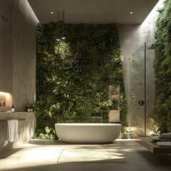 Imagine an interior bathroom wall with plants growing on the entire surface of it, creating a lush and natural atmosphere. The design includes lots of greenery for decoration but also creates a sustai