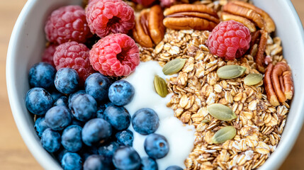Fototapeta premium Freshly crafted roasted seed muesli with berries, soy yogurt, and almond milk served in a white bowl on a rustic wooden surface