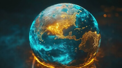 Glowing digital Earth with continents and energy lines.