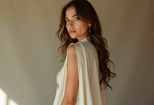 A woman with long brown hair is wearing a white sleeveless dress and looking over her shoulder.