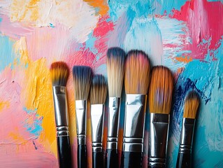 Obraz premium Bright splashes of color surround paintbrushes, transforming a blank canvas into an expressive abstract 