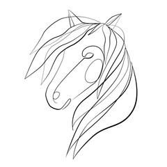 Horse head with a thick flowing mane one line drawing on white isolated background © lululand