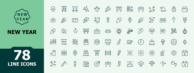 New Year icon. Contains related to firework, winter, celebration, birthday, party, new. Pixel perfect. Happy New Year icon set. Minimalist vector illustration in modern line style.