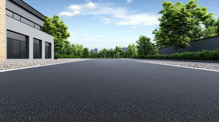 Fototapeta premium Bright urban landscape featuring a clean road, modern buildings, lush greenery, and a clear blue sky creating a lively atmosphere