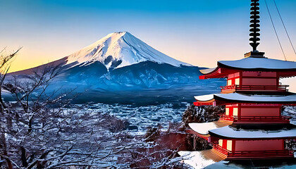 Mount Fuji and snow covering Chureito pagoda at sunset, japan in the winter with smowy lands