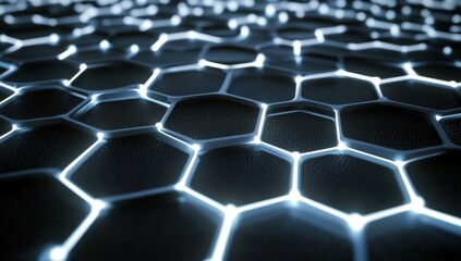 Fototapeta premium Abstract futuristic background with glowing white hexagons and dark blue waves on a black backdrop, with an artificial intelligence concept Generative AI