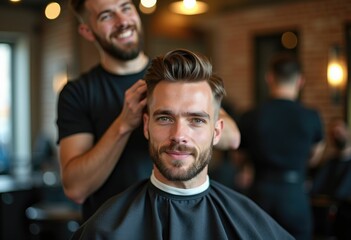 Obraz premium A smiling man gets a haircut from a barber in a stylish salon.