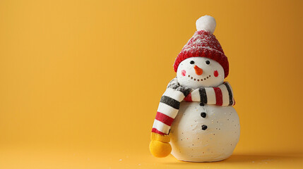 Festive spirit, creativity, and holiday cheer associated with snowmen during the winter season. Smiling  snowman on yellow studio background perfect for seasonal winter-themed designs and copy space