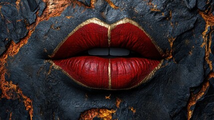 Unique artistry featuring bold red lips and granite texture with striking gold accents